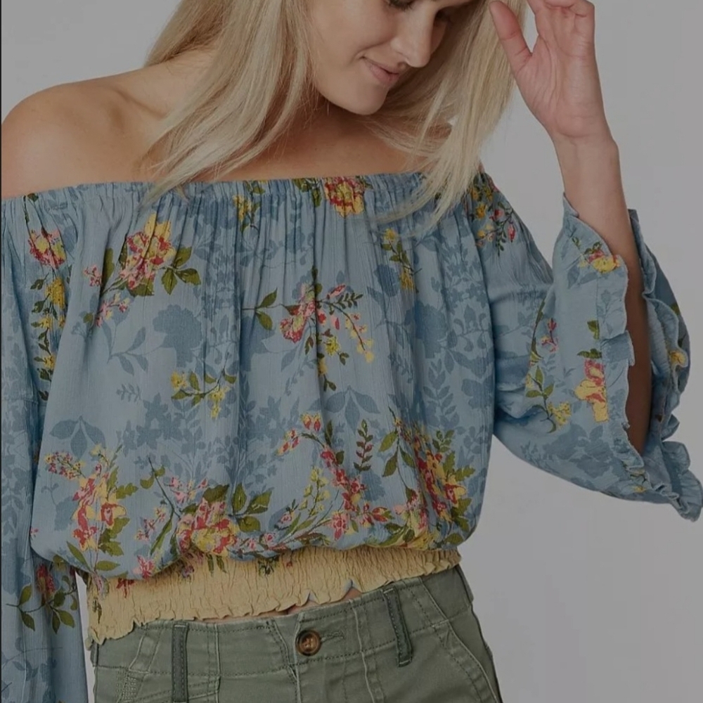 Y2K Angie Blue Floral Off-Shoulder Blouse